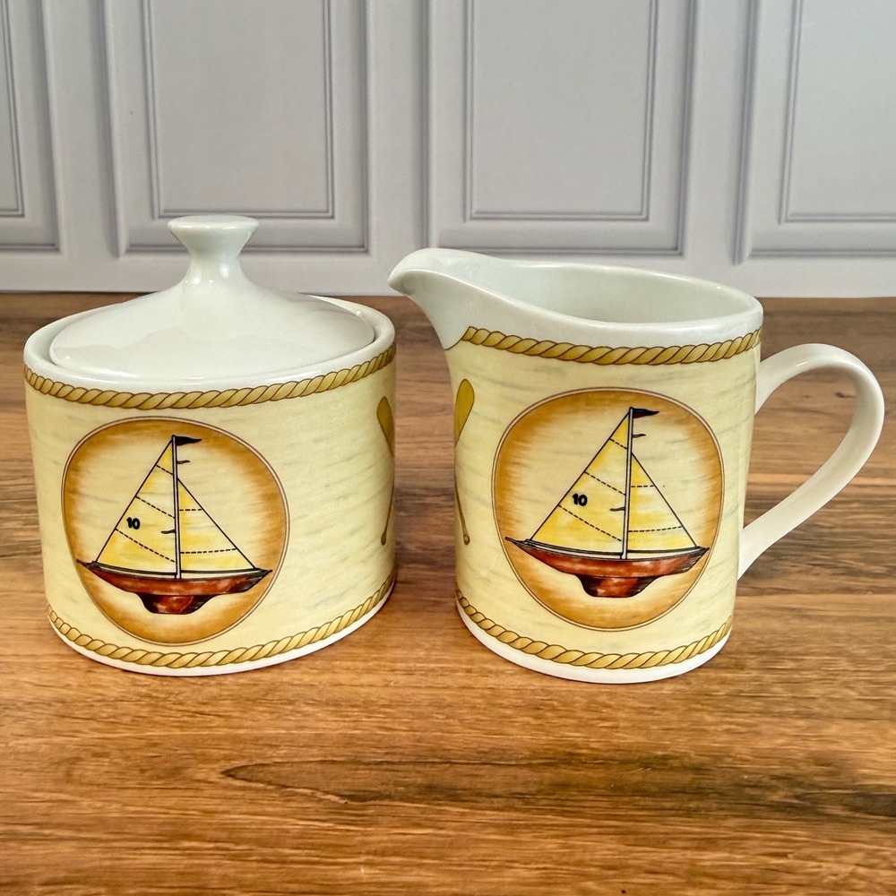 Vintage American Atelier "Chesapeake" Sugar Dish w/Lid & Creamer Nautical EUC‎